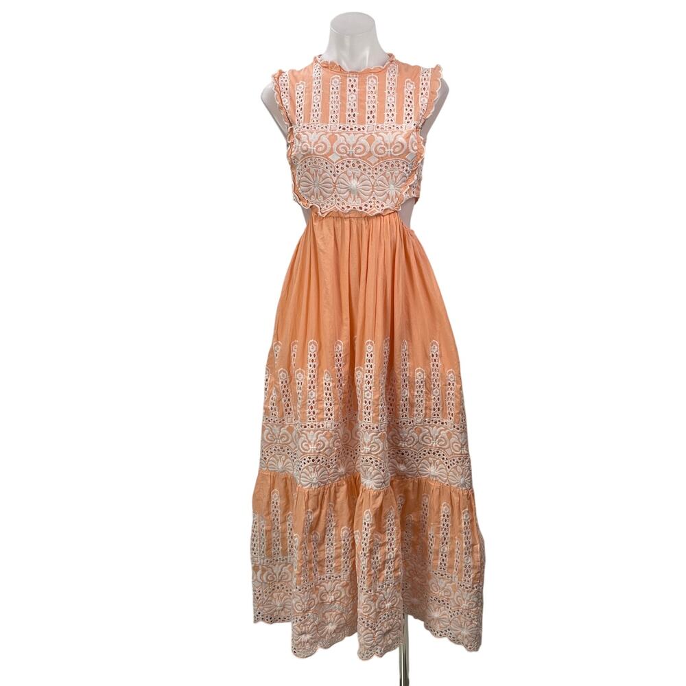 Zimmermann Coral White Embroidered Cutout Tiered Fit & Flare Maxi Dress Size 4